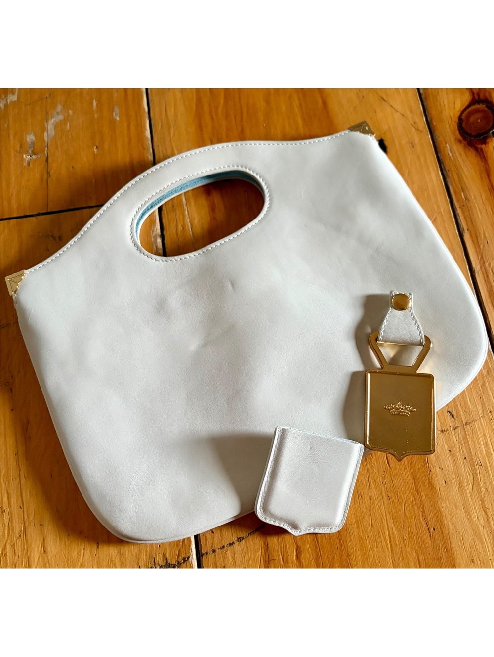 Vintage TOCCA ivory Leather Cutout Handle Bag Gold Mirror Y2K